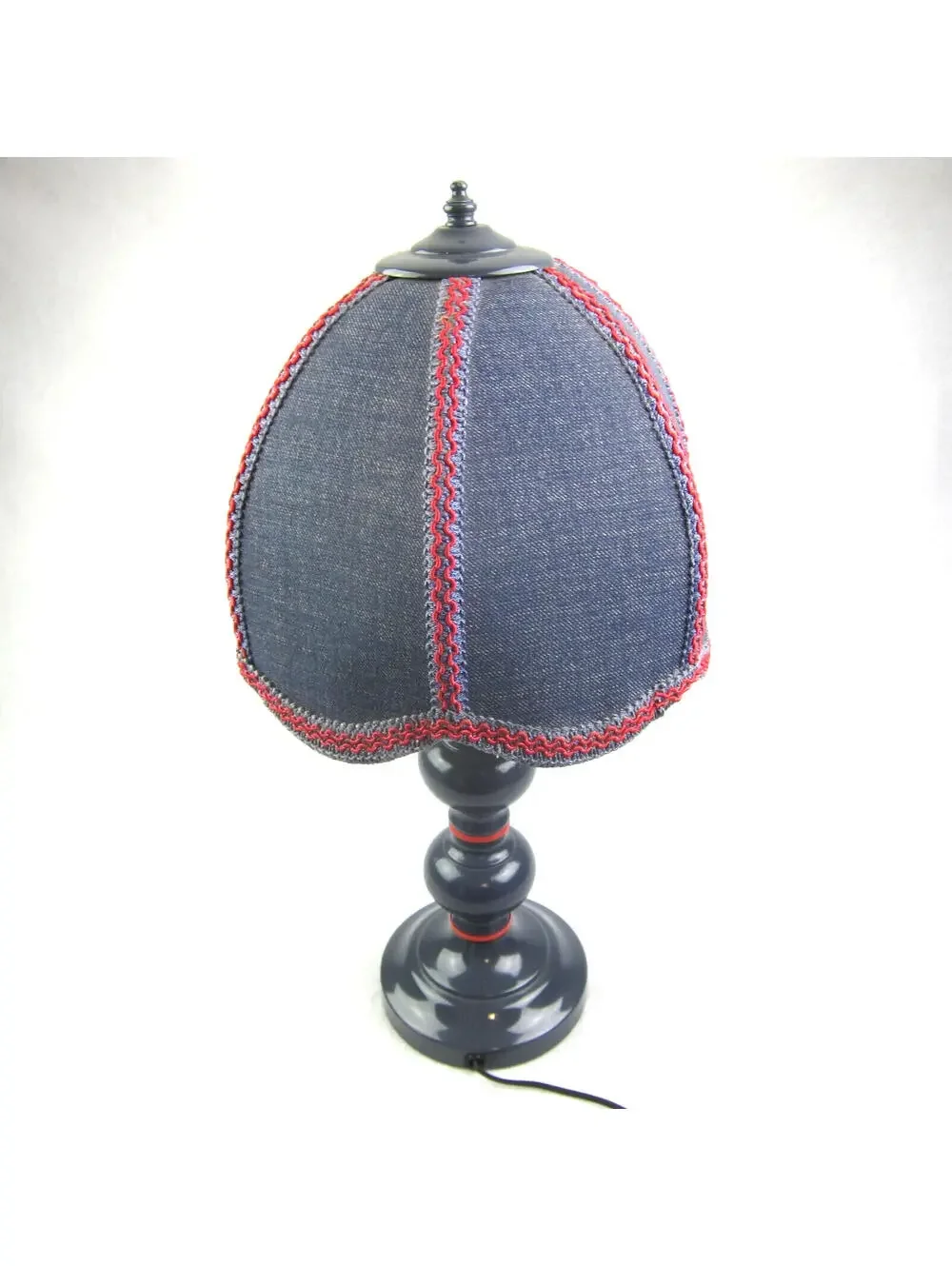 Vintage Country Table Lamp Blue & Red Denim Dome Clip On Shade Pillar WORKS